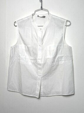 Vince White Cotton Sleeveless Band Collar Button Down Shirt